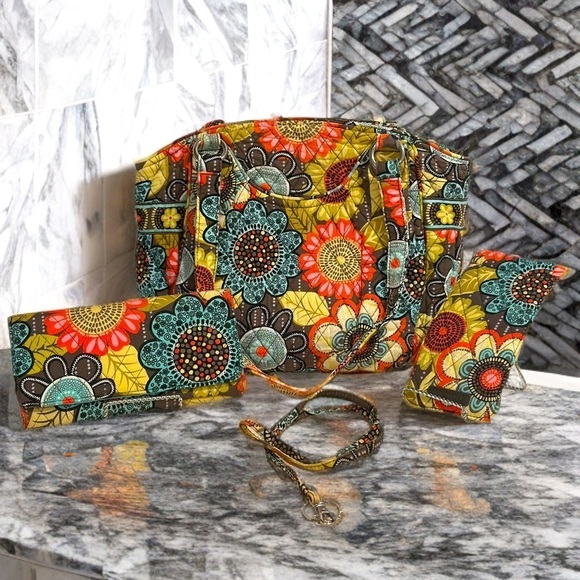Vera Bradley Handbags - Vera Bradley Glenna Shoulder Bag, Wallet, Sunglass Case & Lanyard Shower Flowers